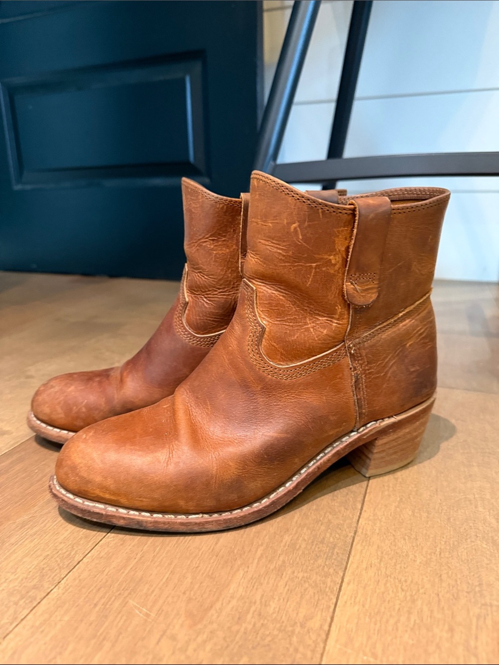 Red Wing Shoes Tan Brown Leather Ankle Booties with Stacked Heel
